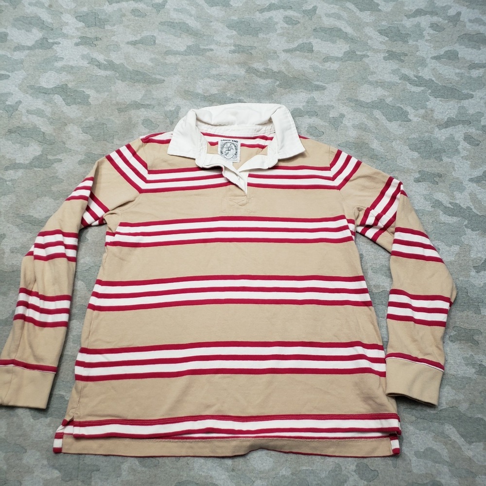 Vintage Land's End Rugby Polo Top Womens Small Tan Long Sleeve Striped
